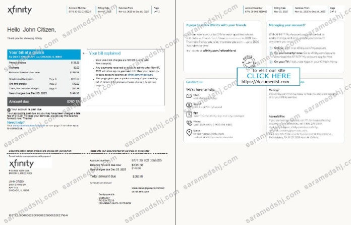 USA Xfinity utility bill template in Word and PDF formats, 3 pages, version 2, 1-2 pages